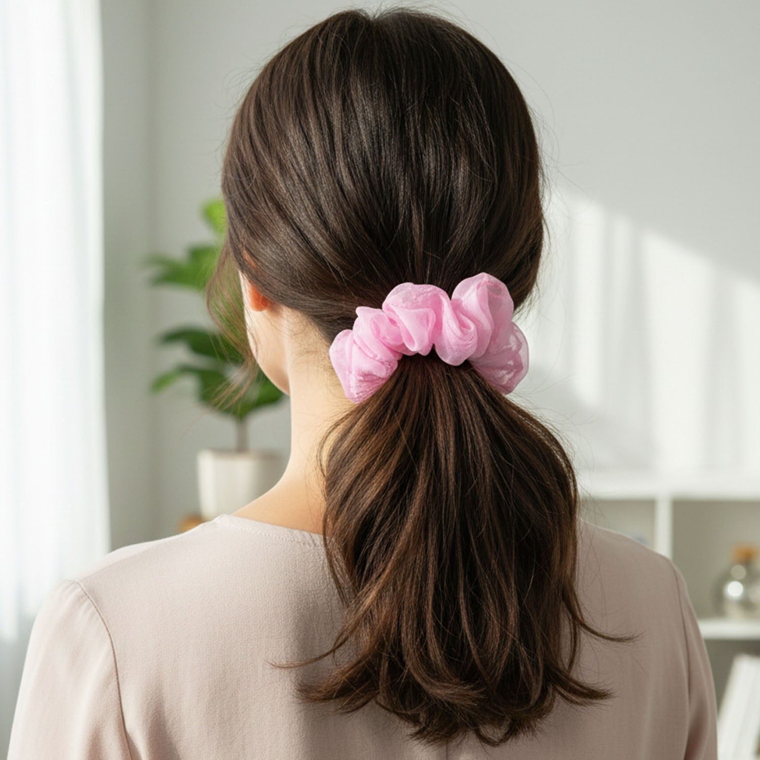 Durable pink hair scrunchie elastic band for buns and ponytails