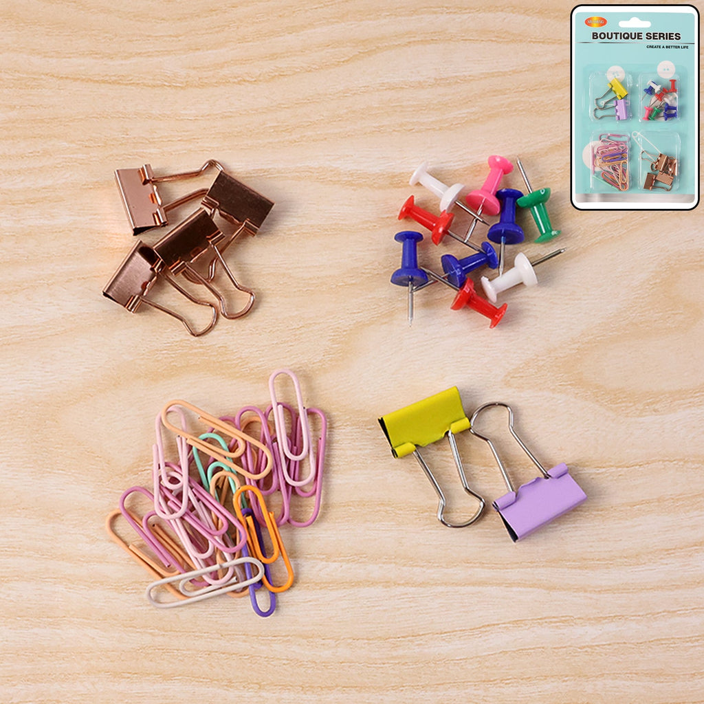 Office clips and pins set showing paper clips, binder clips, and push pins in bright colours