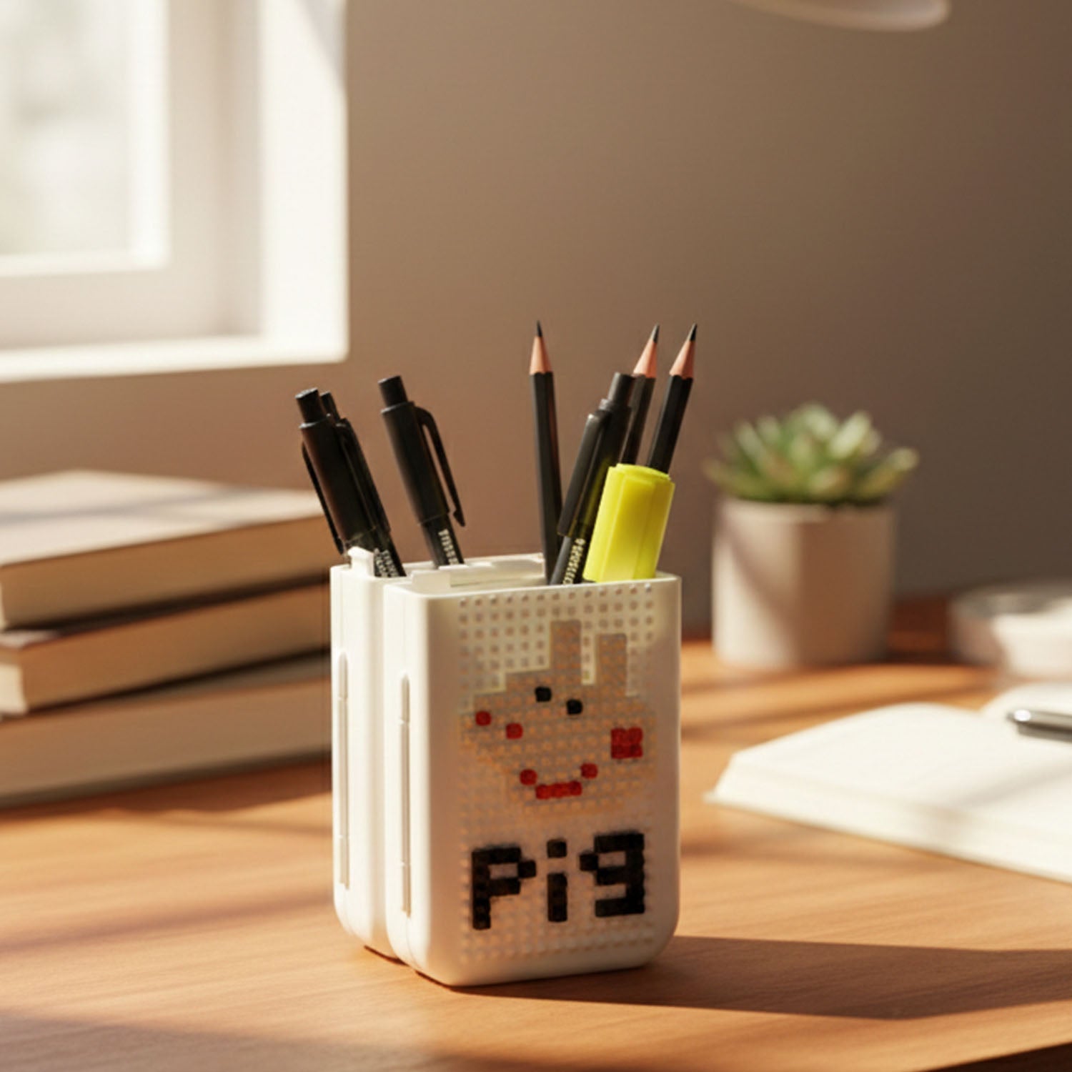 Pixel art desk organizer featuring an open top design for quick access