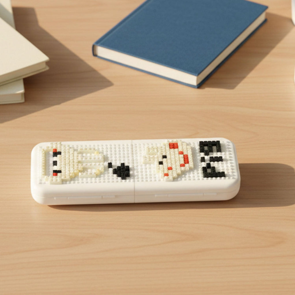 Pixel art pen holder placed alongside office accessories on desk