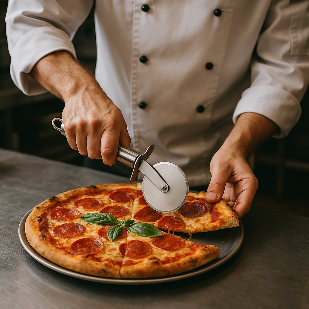 Stainless steel pizza cutter placed on kitchen counter