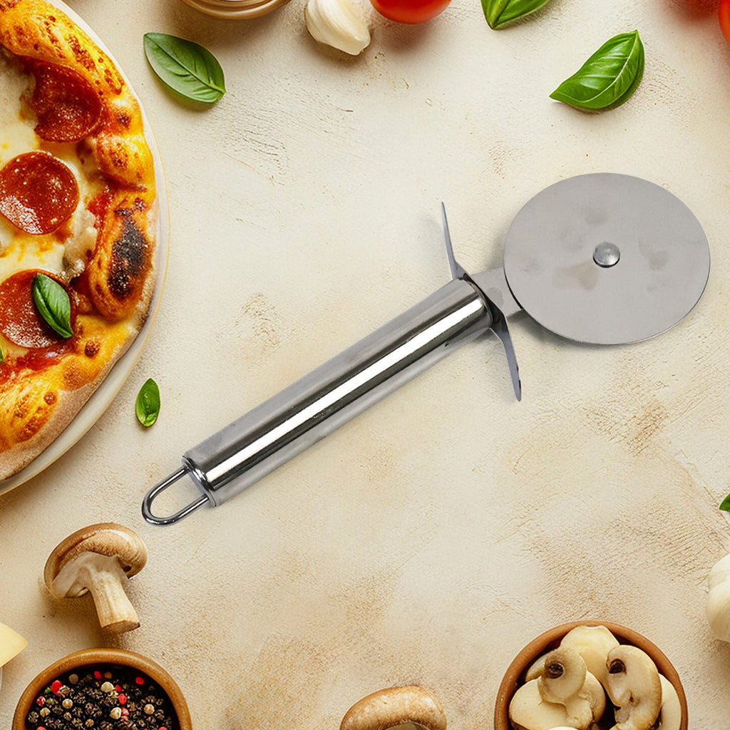 Close-up view of stainless steel pizza cutter wheel blade