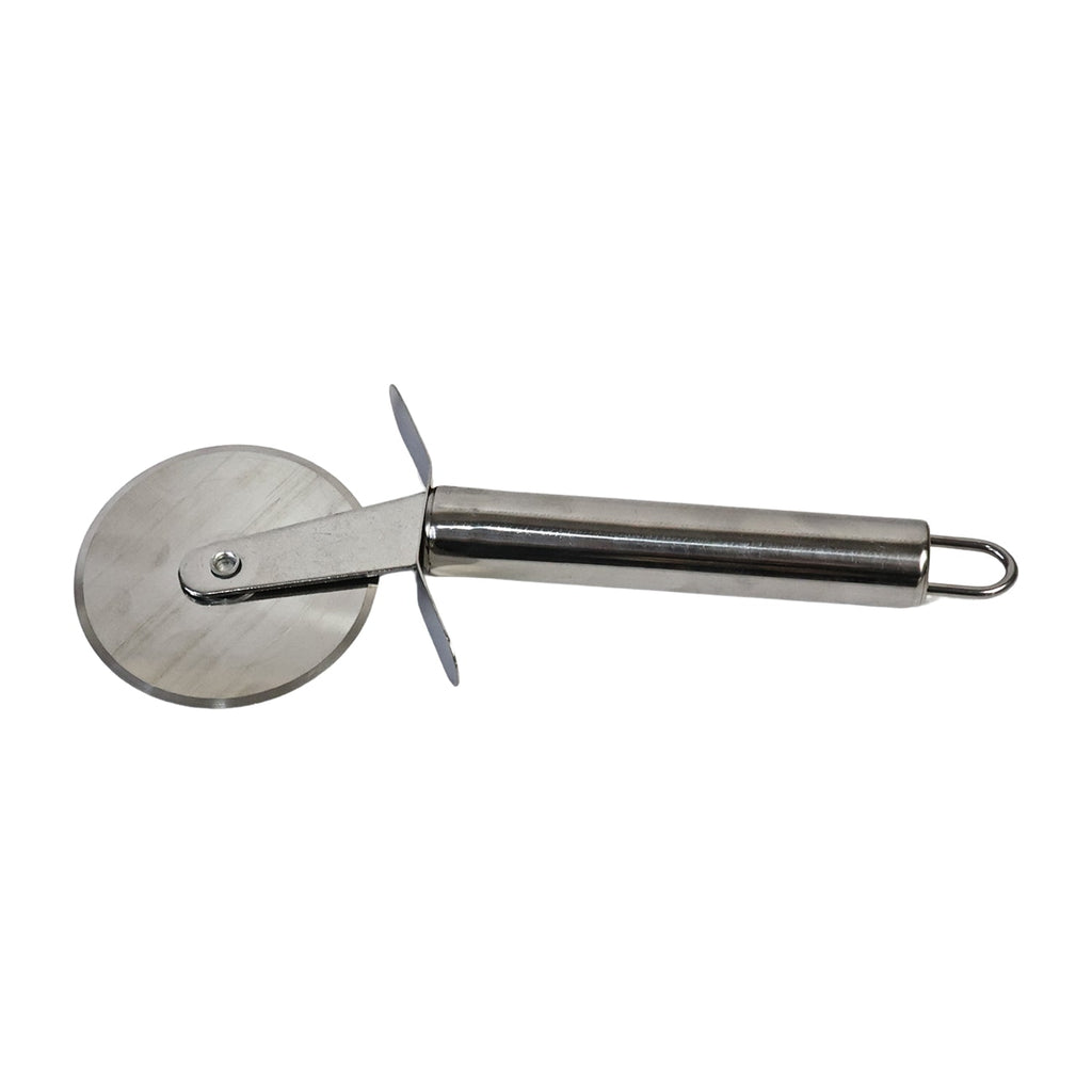 Pizza cutter slicing flatbreads with sharp stainless steel blade