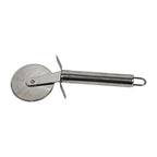Pizza cutter slicing flatbreads with sharp stainless steel blade