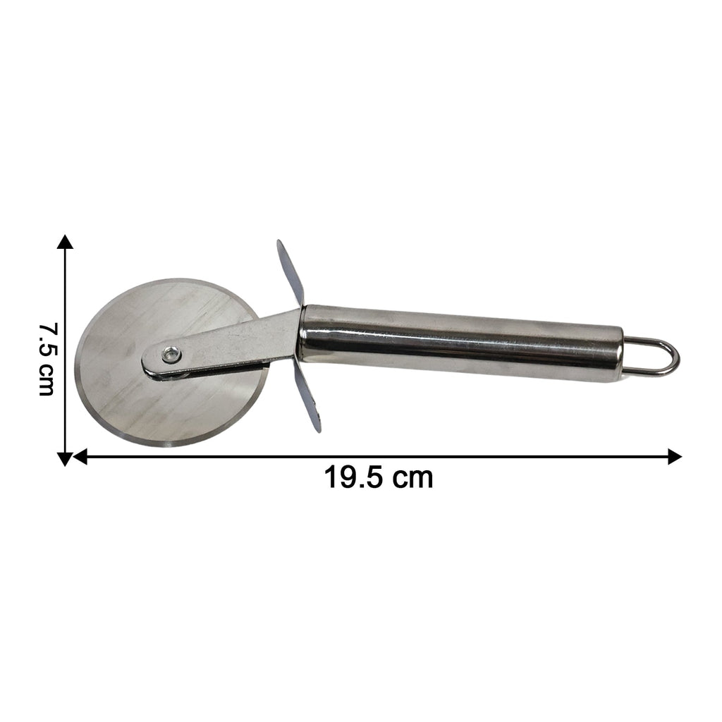Pizza cutter showing safety finger guard on ergonomic handle