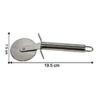 Pizza cutter showing safety finger guard on ergonomic handle