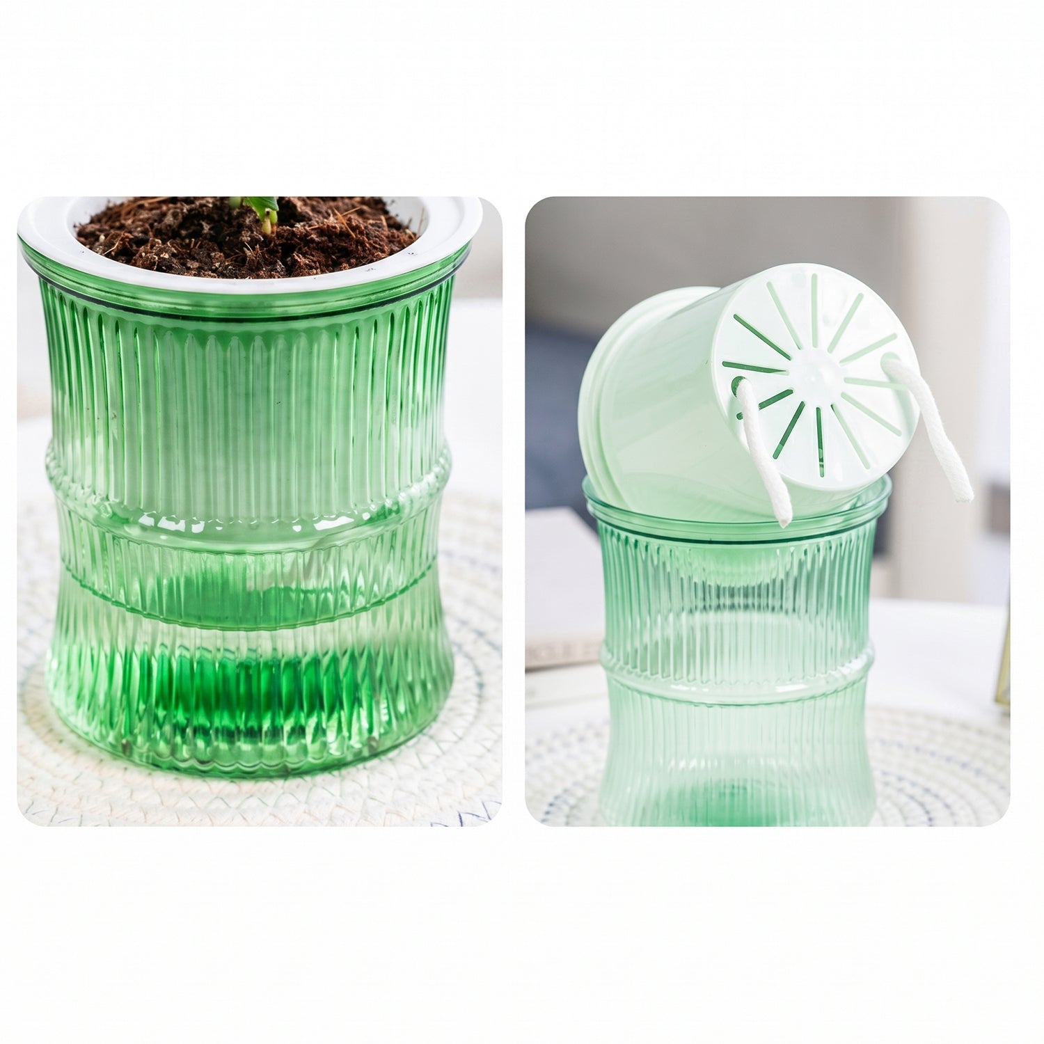 Top view of plastic self-watering bamboo style flower pot