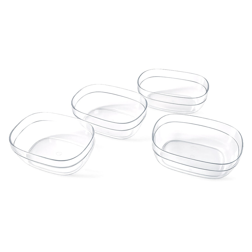 Clear plastic bowls stacked, showcasing durable serving bowl set
