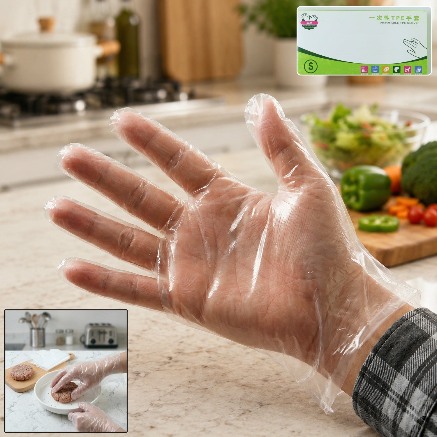 Disposable TPE gloves in a pack for kitchen and cleaning tasks