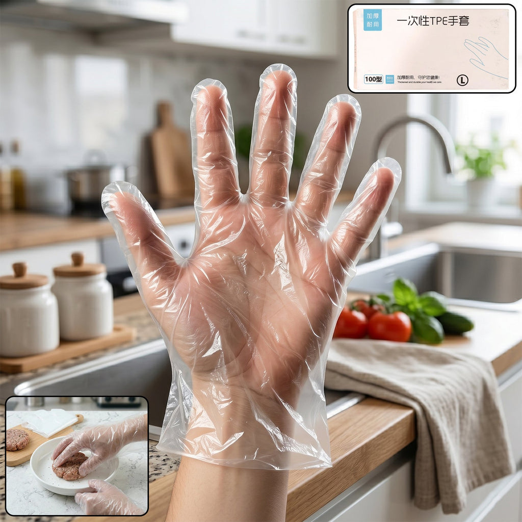 Person wearing large clear disposable plastic gloves for food prep and cleaning