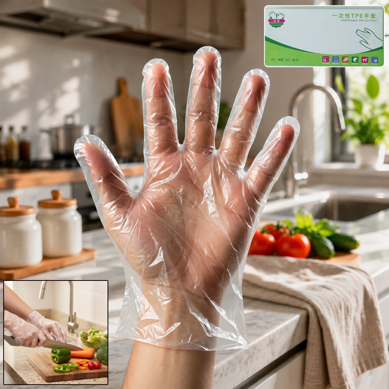 Clear plastic disposable gloves in a pack, ideal for kitchen and cleaning tasks