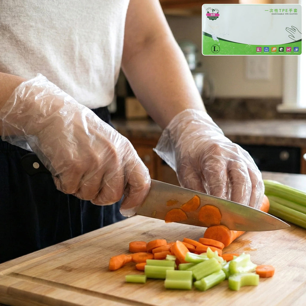 Disposable clear plastic gloves for food handling and cleaning