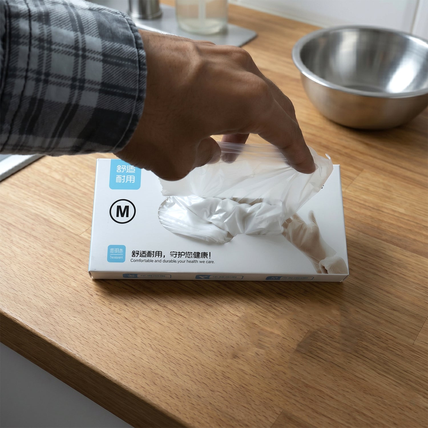 Close-up of disposable plastic gloves for hygiene