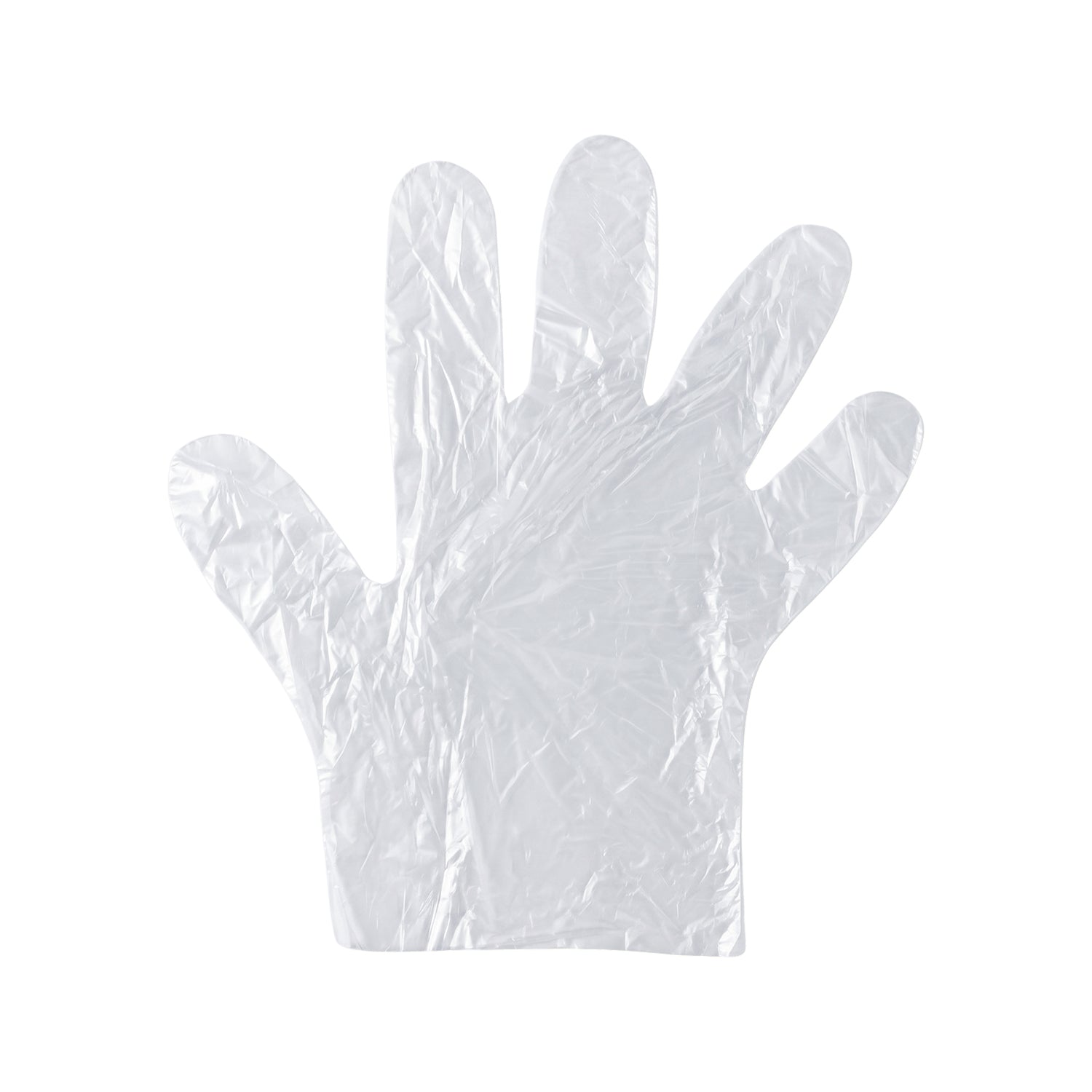 Single stretched-out clear disposable glove for hygiene and protection
