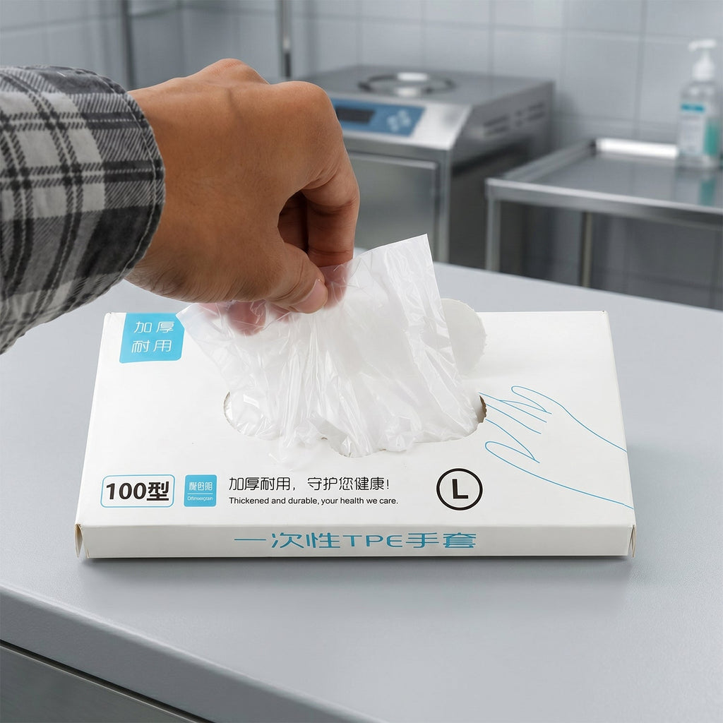 Packaging of disposable clear plastic gloves