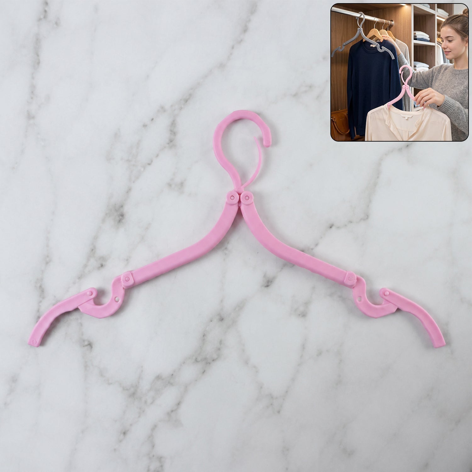Foldable travel hanger showing compact folded design for easy packing