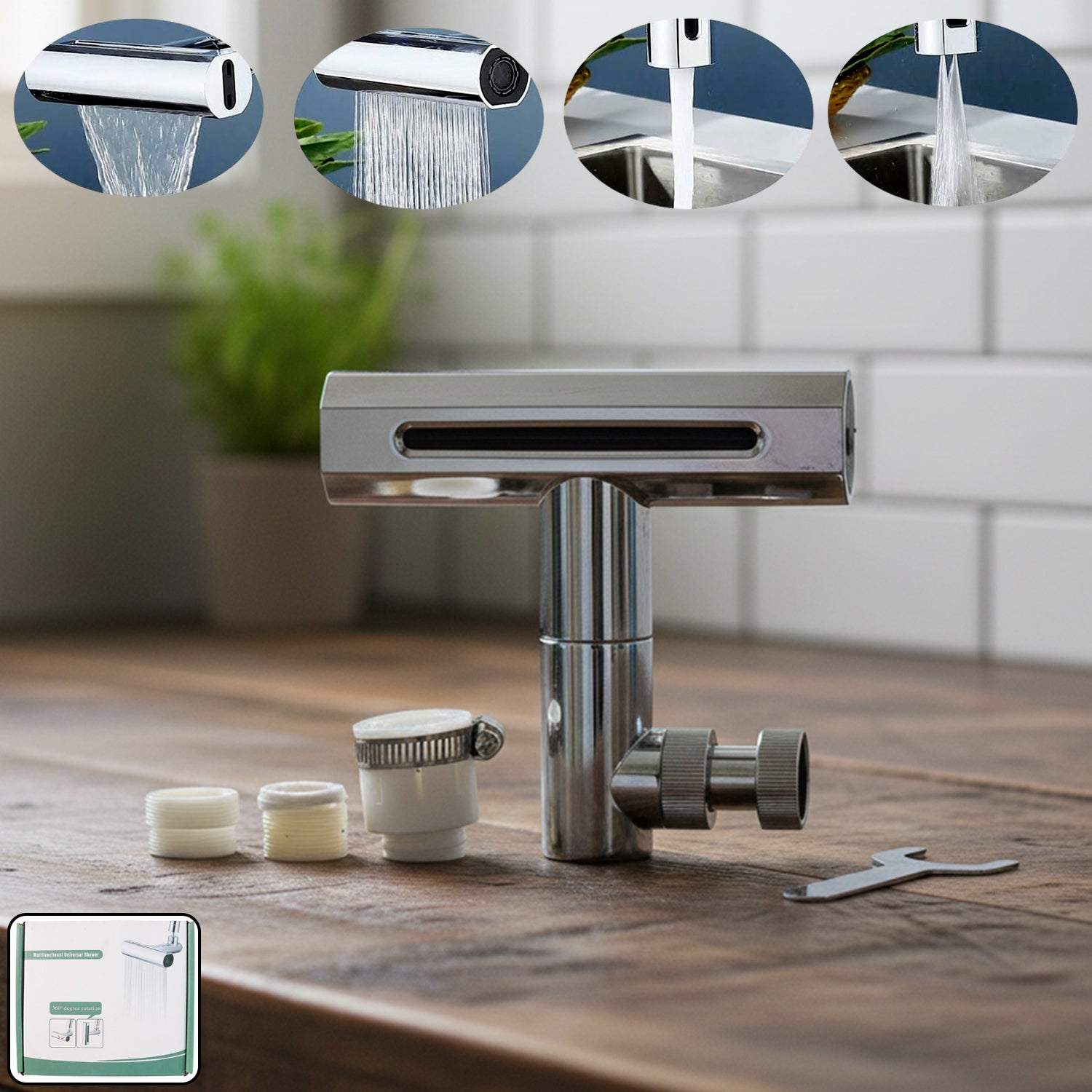 High pressure shower head displaying its adjustable spray settings.