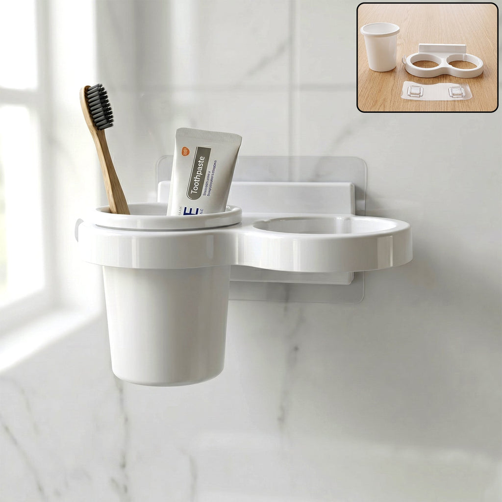 Wall mounted toothbrush holder set with multiple compartments for bathroom organization