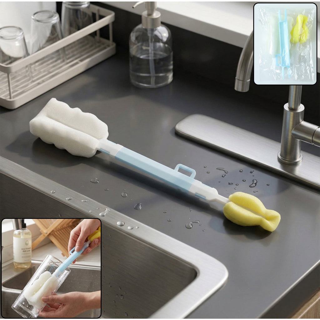 Multipurpose bottle cleaning brush with long handle and soft sponge head for deep cleaning