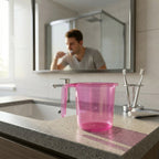 Ergonomic handle design on a sturdy plastic bathroom mug.