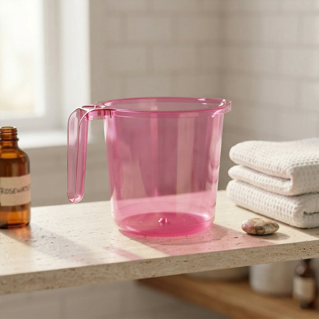 Angled close-up of the BPA-free plastic bathroom mug's texture.