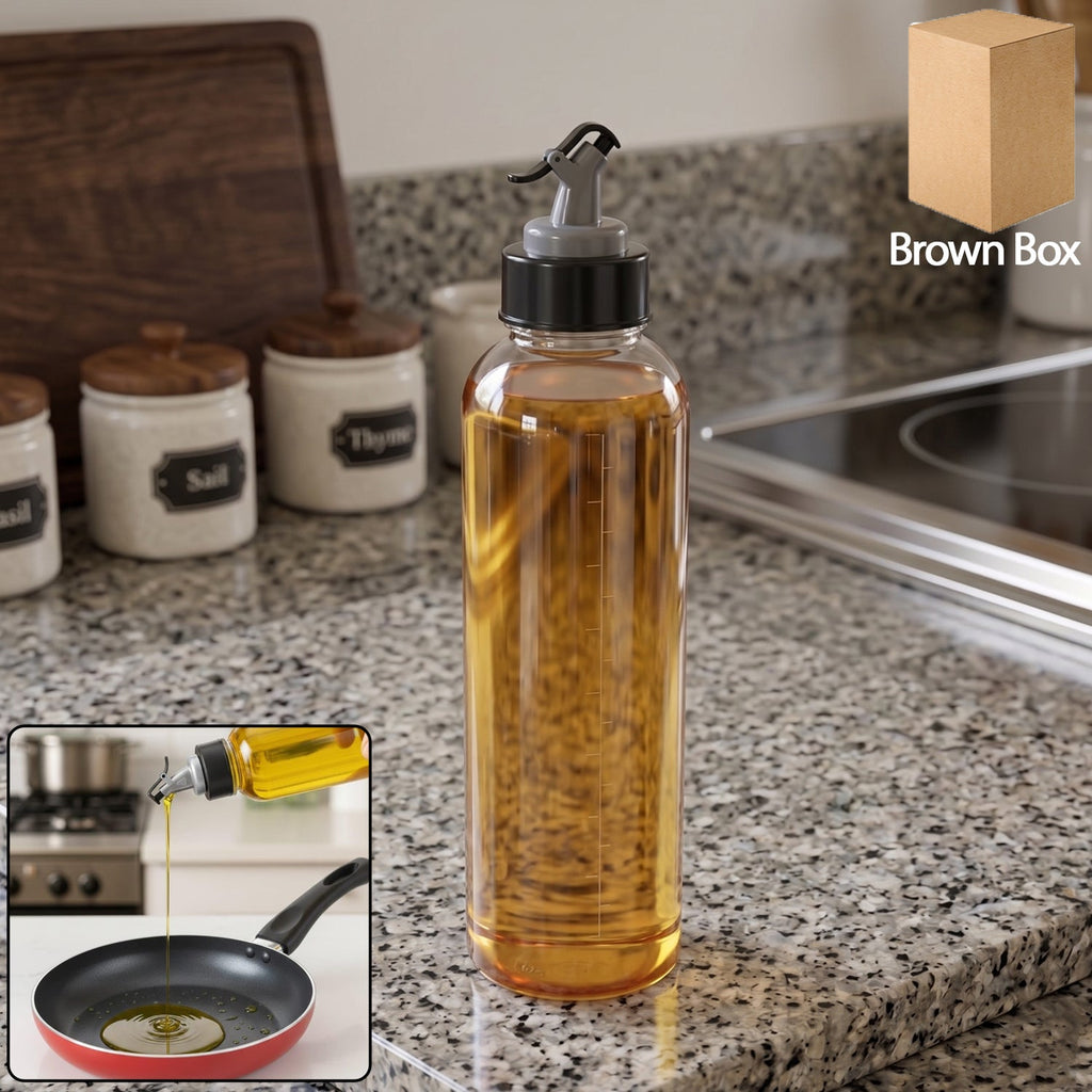 Multipurpose oil dispenser bottle with flip top pour spout in a modern kitchen