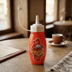 Plastic squeeze bottle filled with ketchup