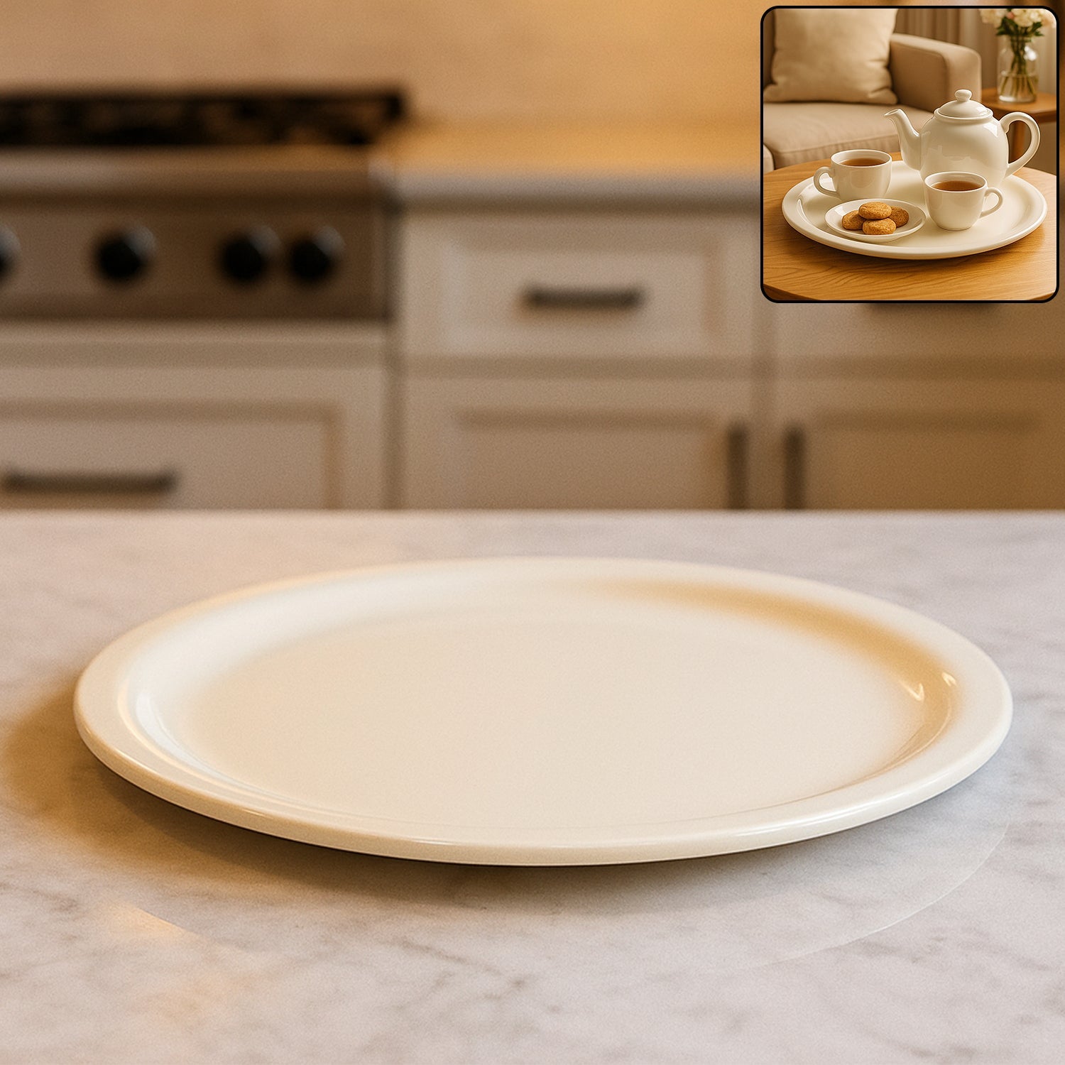 Large round serving plate with a smooth surface for versatile meals