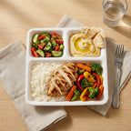 Top view of white plastic 3-compartment plate for balanced portions