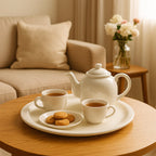Round serving tray displaying snacks and dining essentials