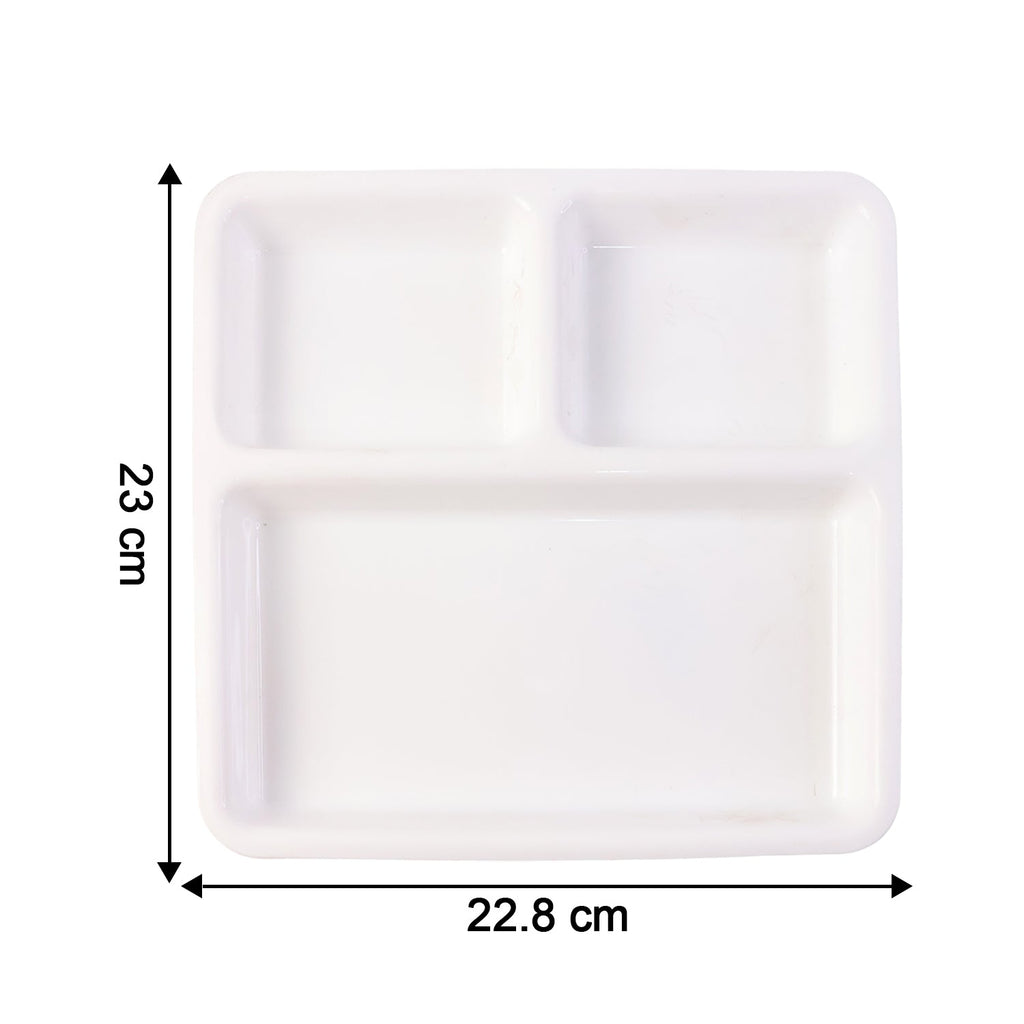 Side view of plastic 3-compartment plate showing depth and sections