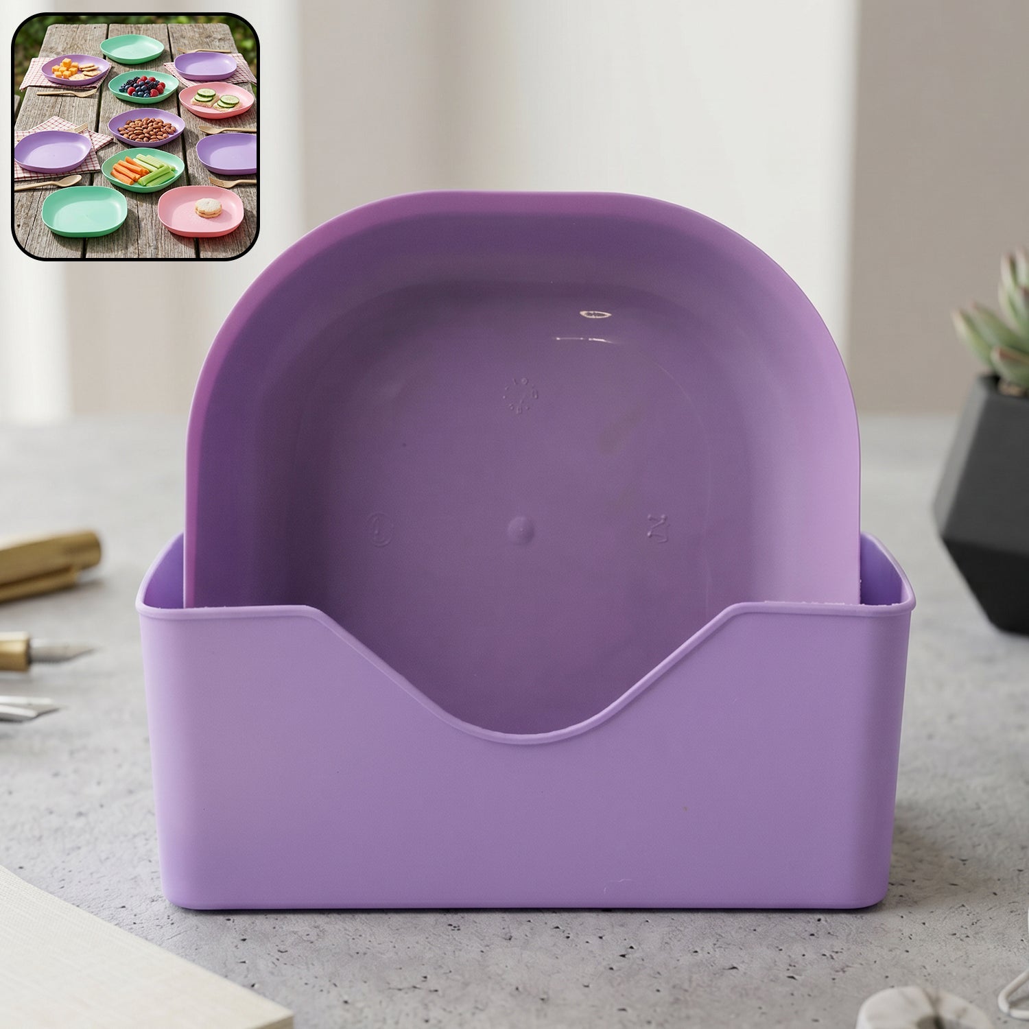 Snack serving plates set with storage stand for organized food presentation