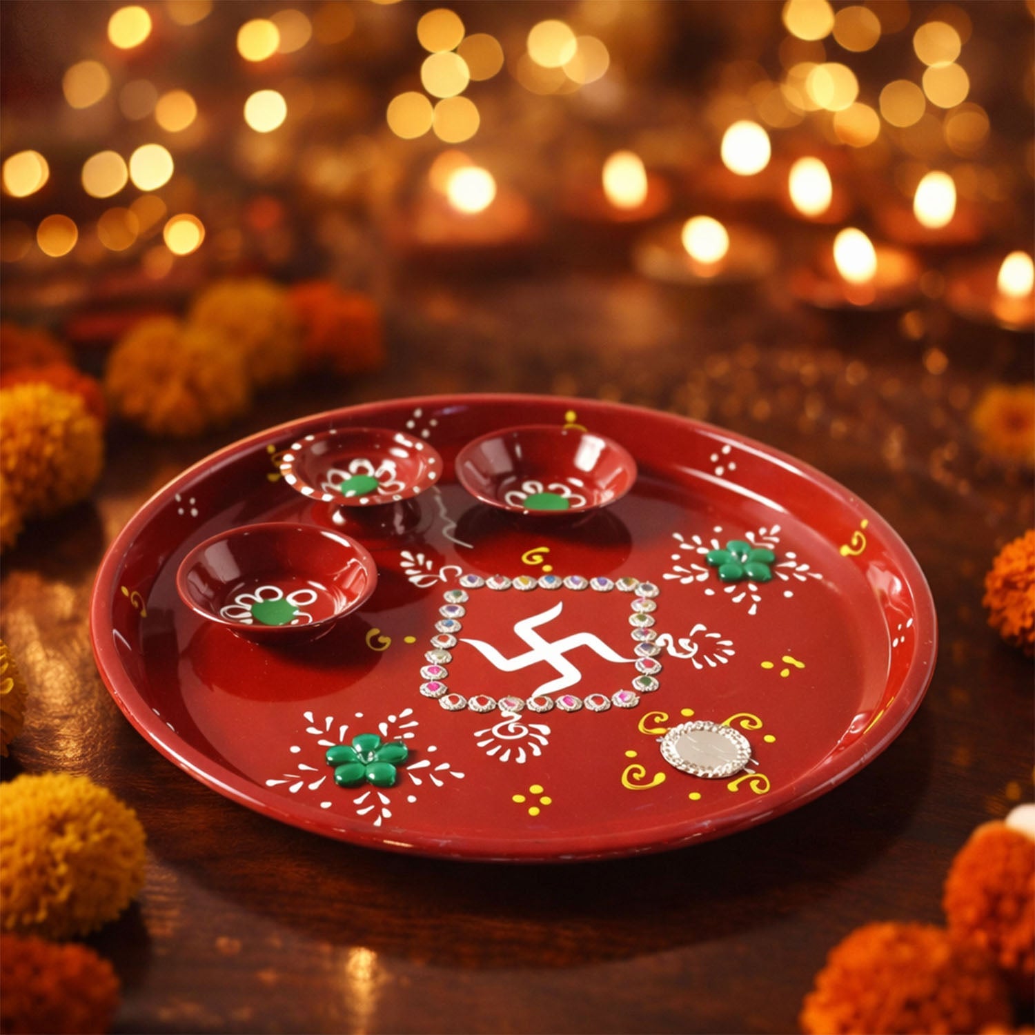 Side view of hand-painted pooja thali showing diyas secured in grooves