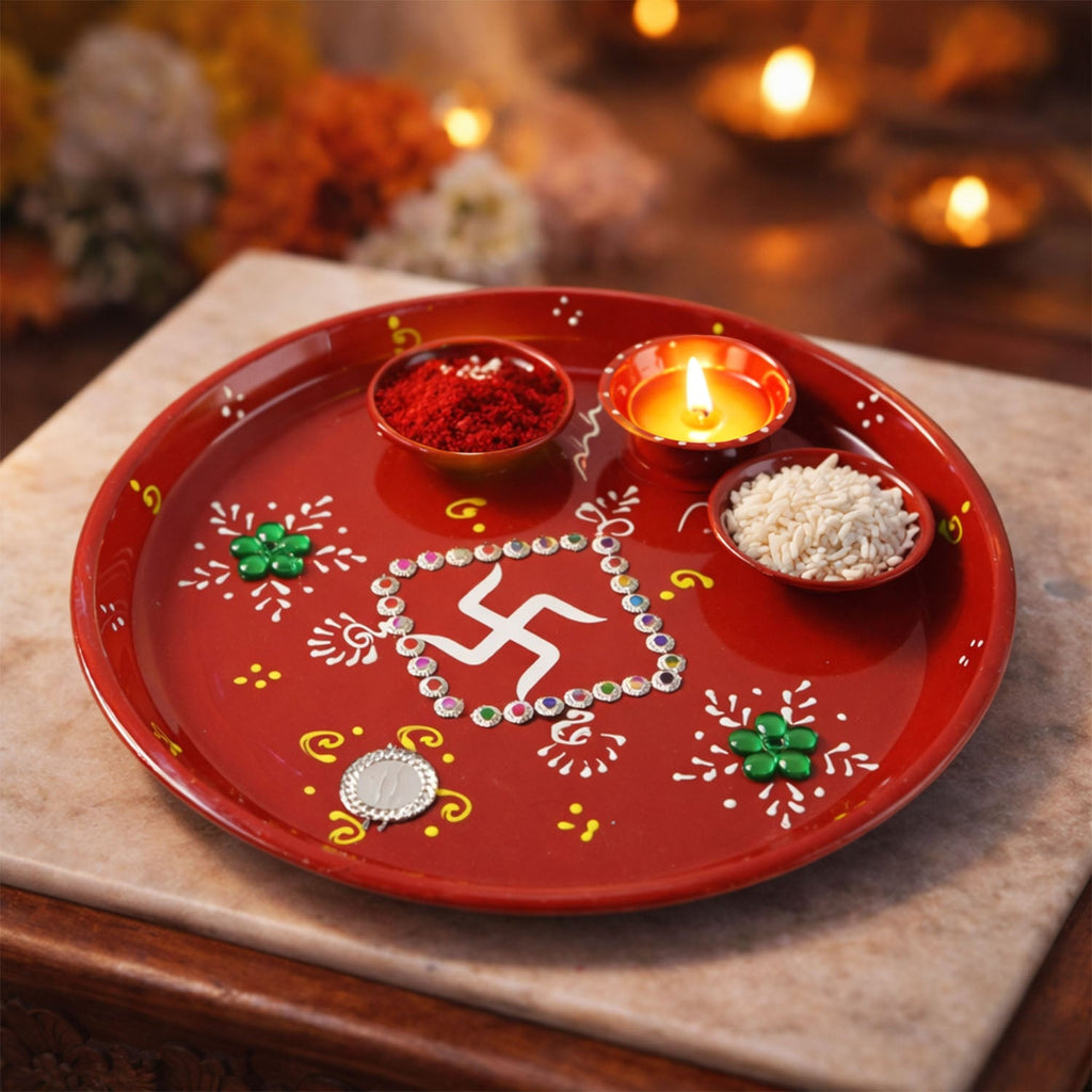 Festive pooja thali with intricate hand-painted designs and stone embellishments