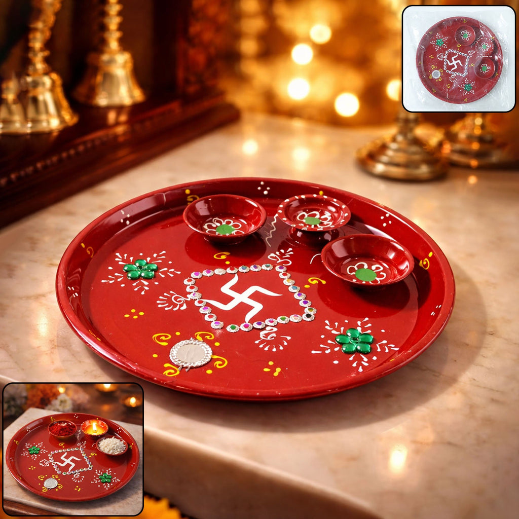 Hand-painted pooja thali with vibrant Ganesha motif and three diyas in grooves