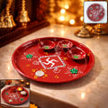 Hand-painted pooja thali with vibrant Ganesha motif and three diyas in grooves