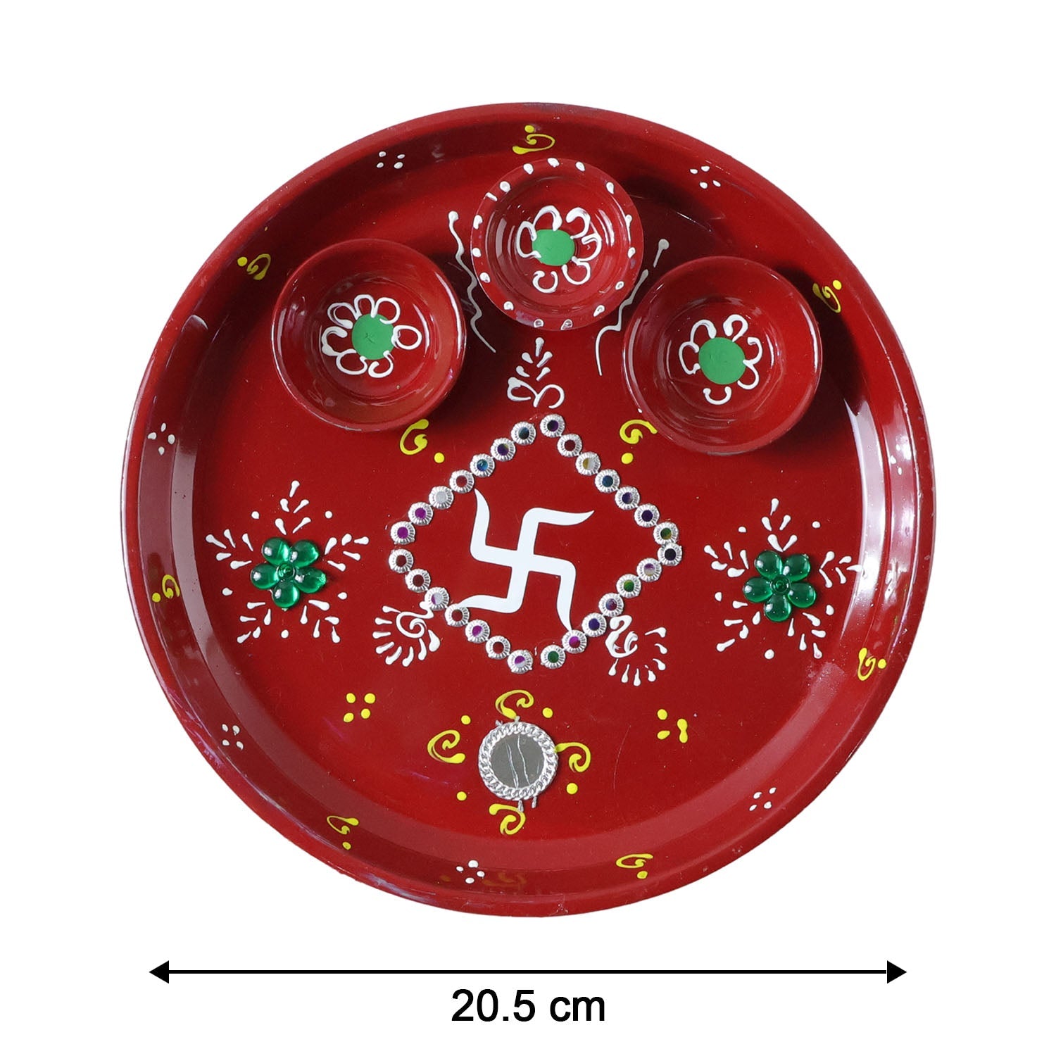 Size dimensions layout showing 21 cm diameter of decorated pooja thali