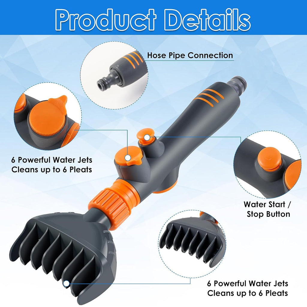 Multi-spray jet nozzle tool connected to garden hose ready for cleaning
