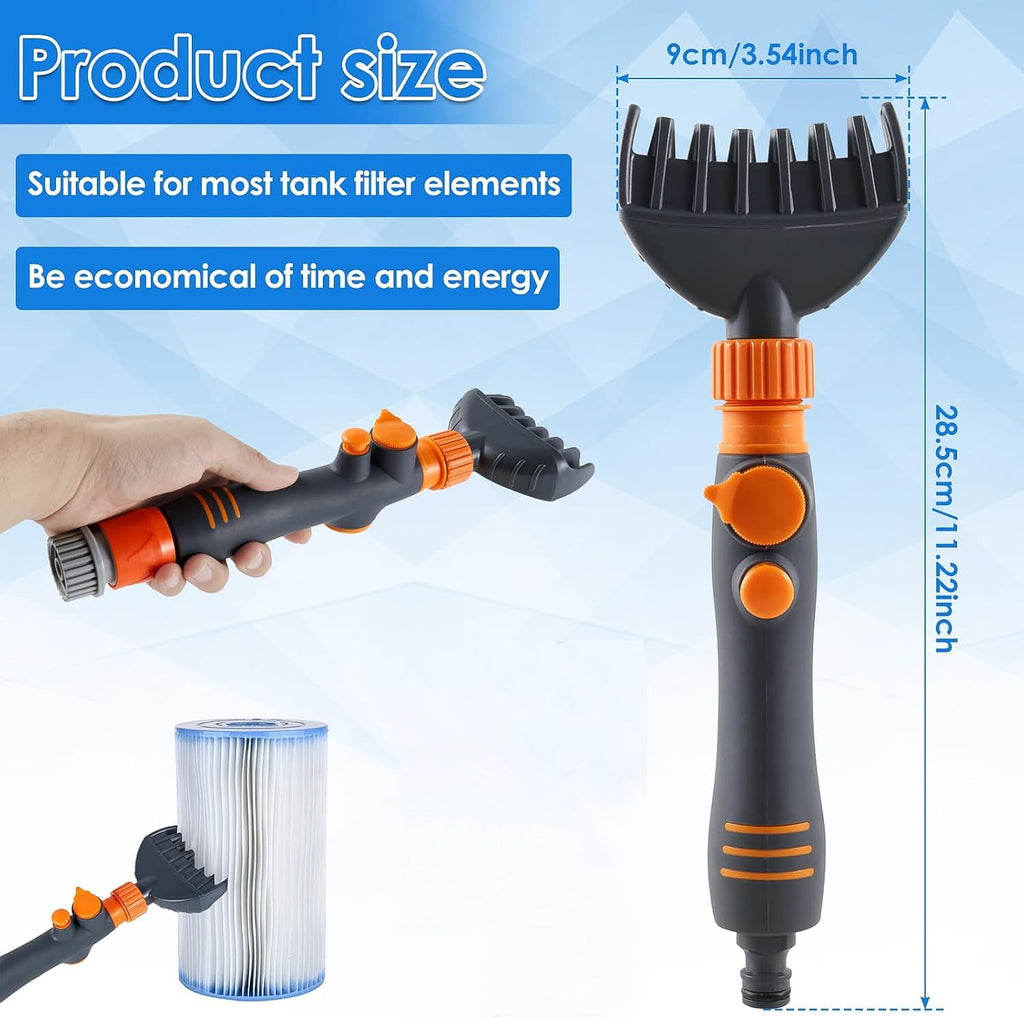 Pool filter cartridge being cleaned with high-pressure nozzle spray