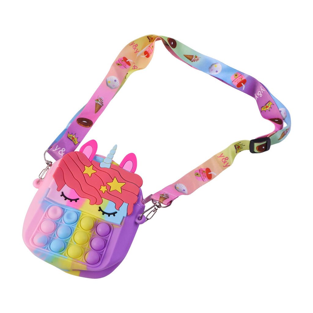 Kids sling bag made from premium waterproof silicone with pop it fidget design