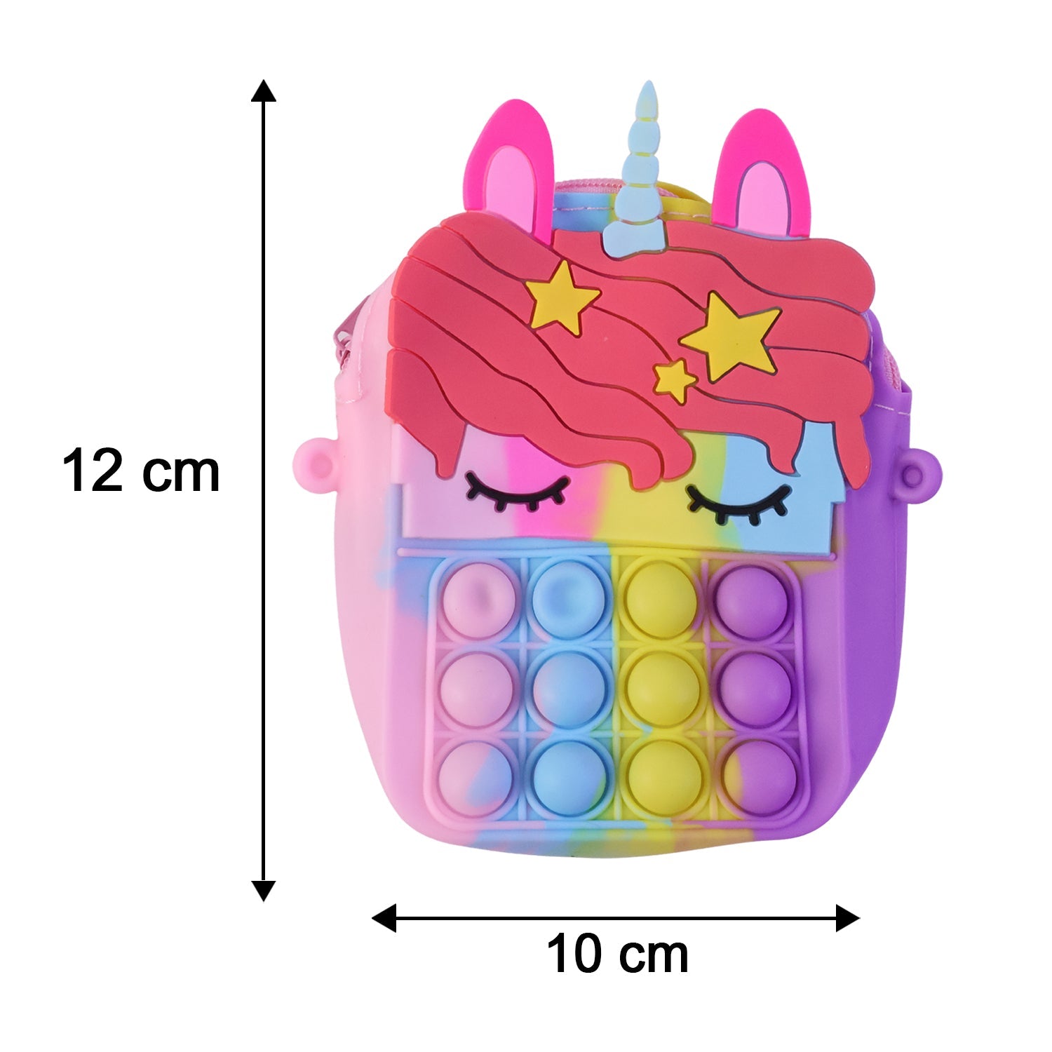 Size comparison image showing dimensions of kids pop it silicone shoulder bag