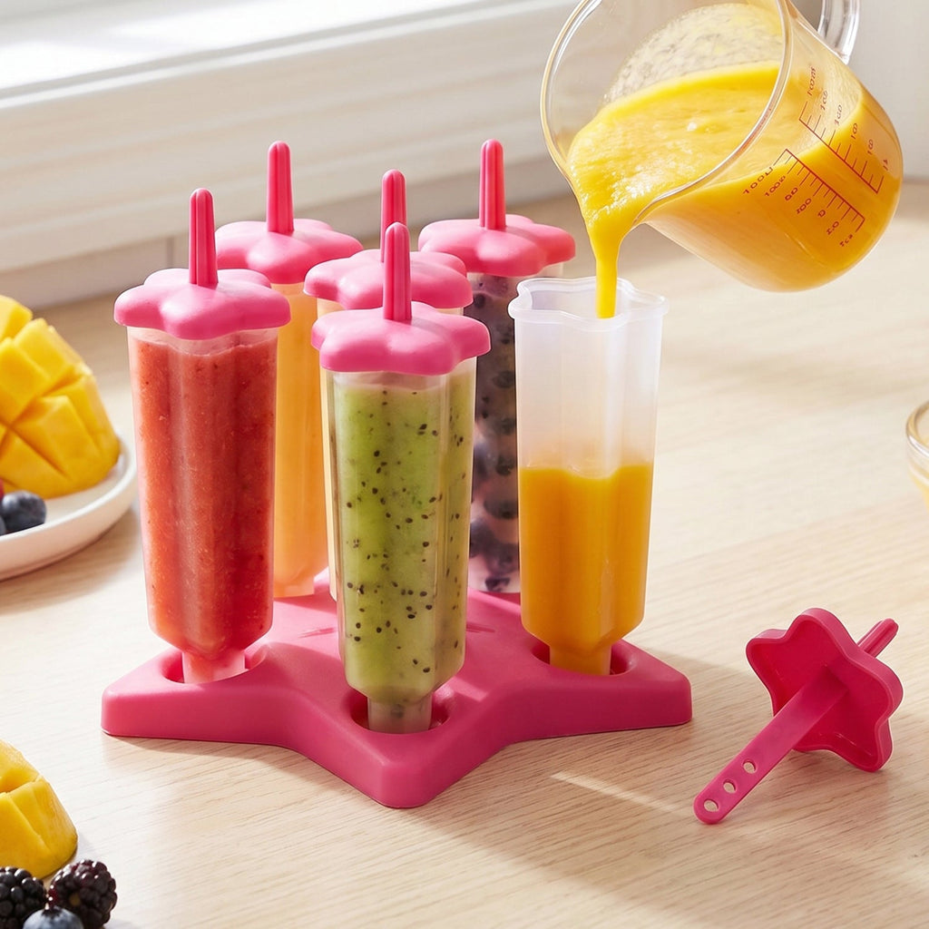 Plastic ice cream molds with sticks placed in freezer for making homemade popsicles