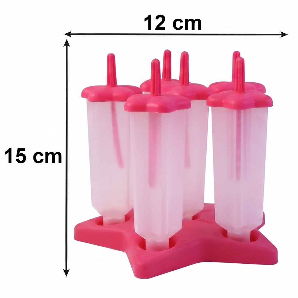 Six BPA-free plastic ice cream molds arranged with vibrant frozen popsicles