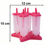 Six BPA-free plastic ice cream molds arranged with vibrant frozen popsicles