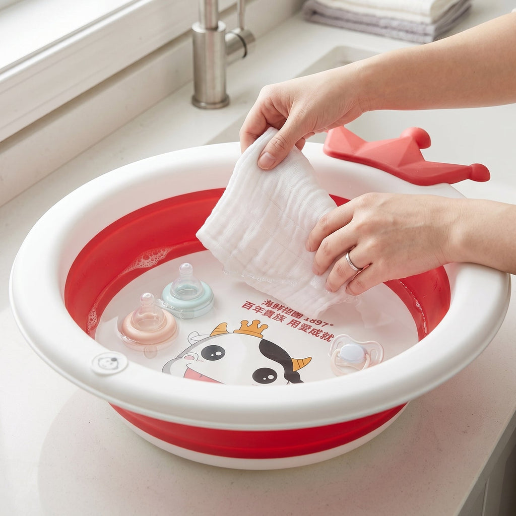 Baby bathtub folded flat for easy storage and portability