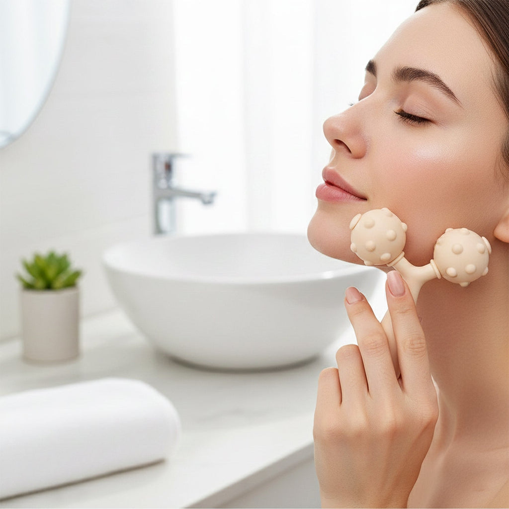 Facial massager with dual rolling balls for improved skin elasticity