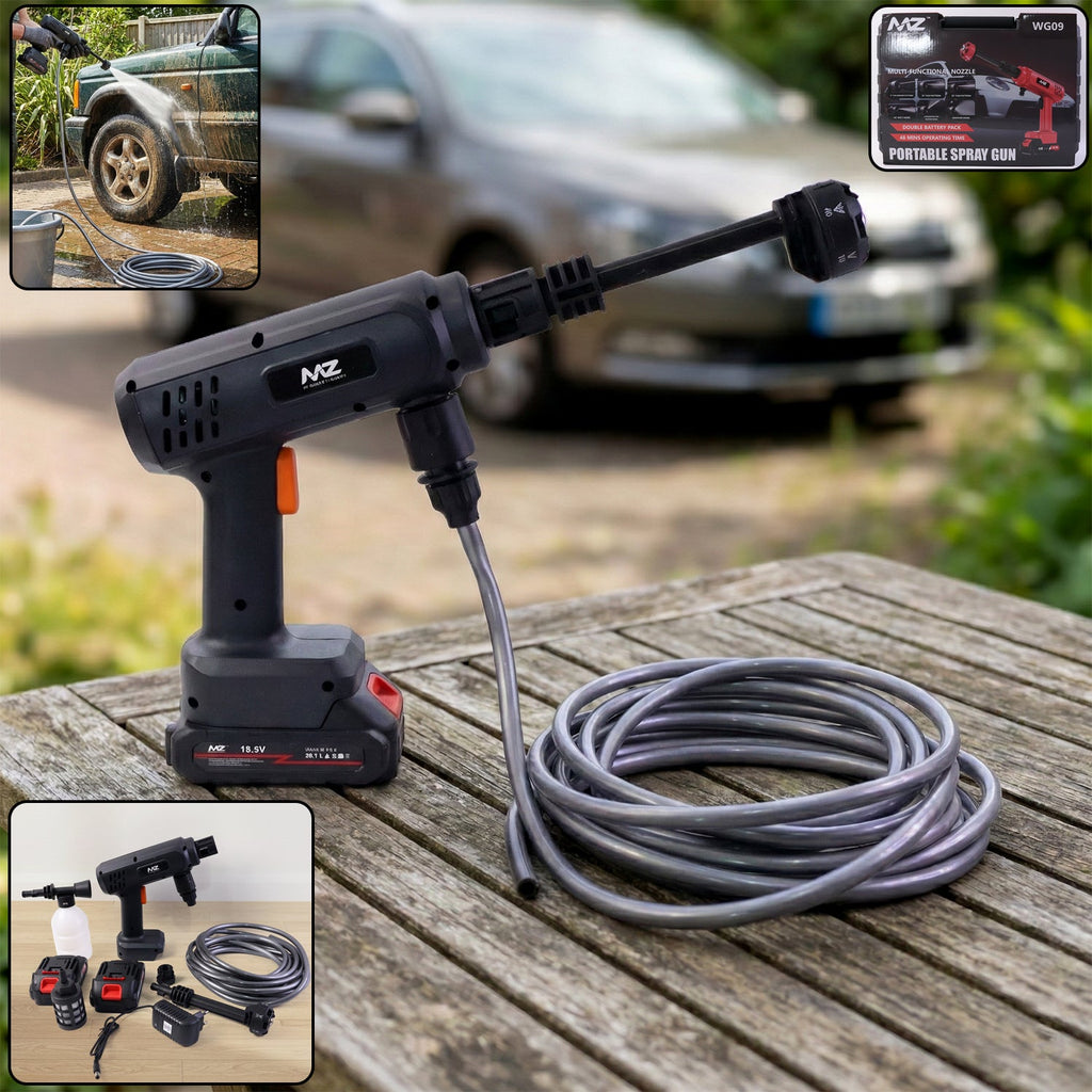 Rechargeable cordless high-pressure spray gun with ergonomic handle and adjustable nozzle