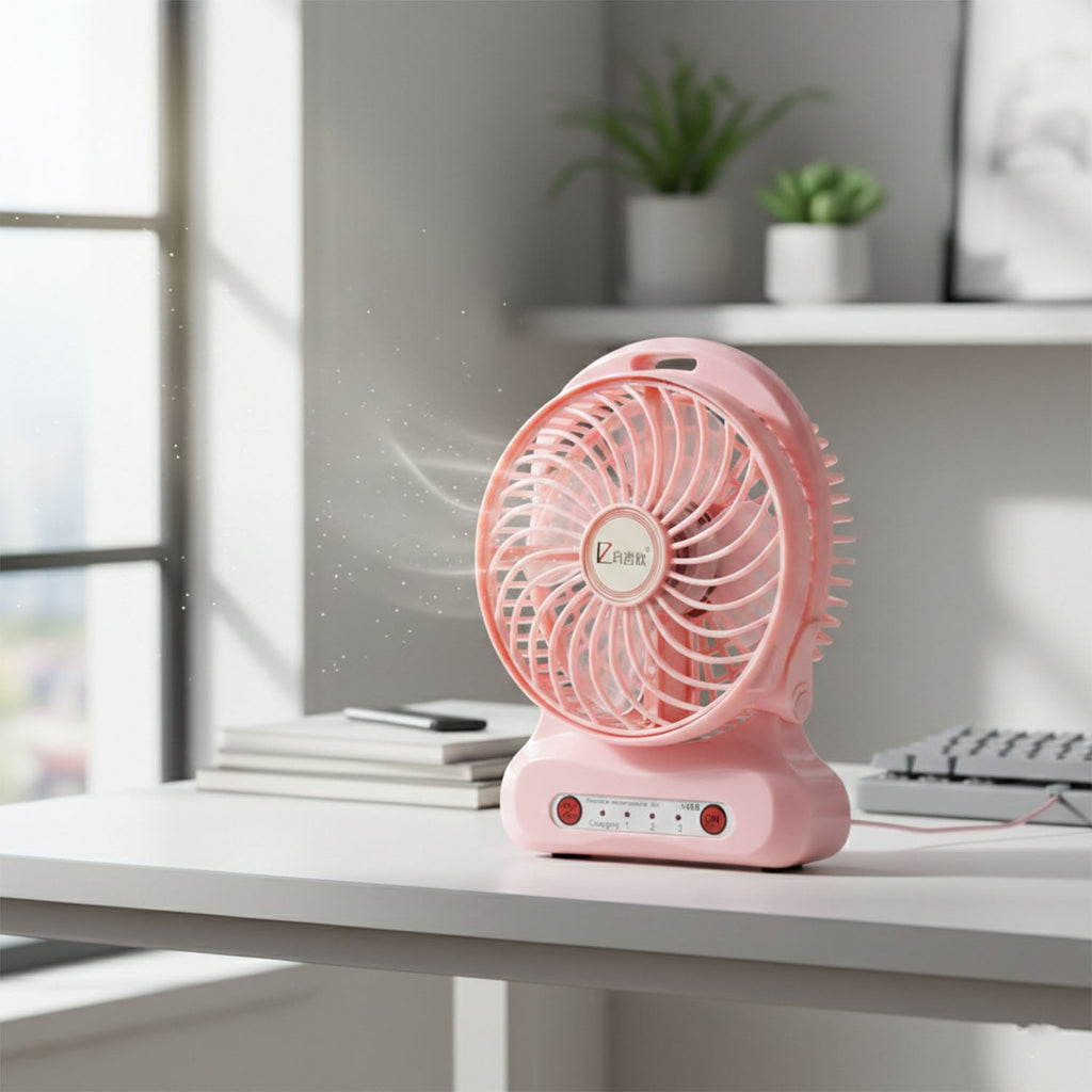 Compact table fan placed on a study table for personal cooling