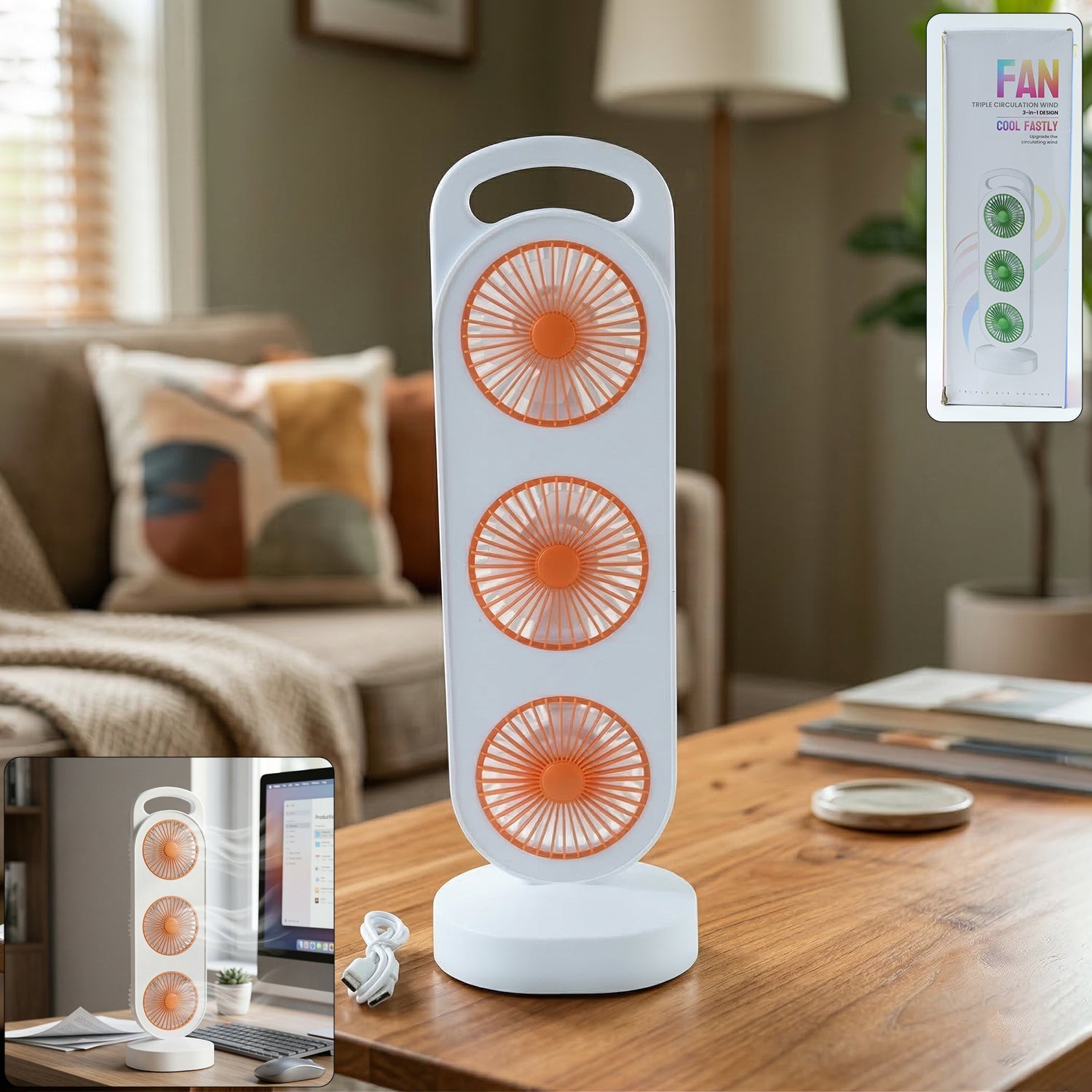 USB rechargeable triple head table fan for personal cooling