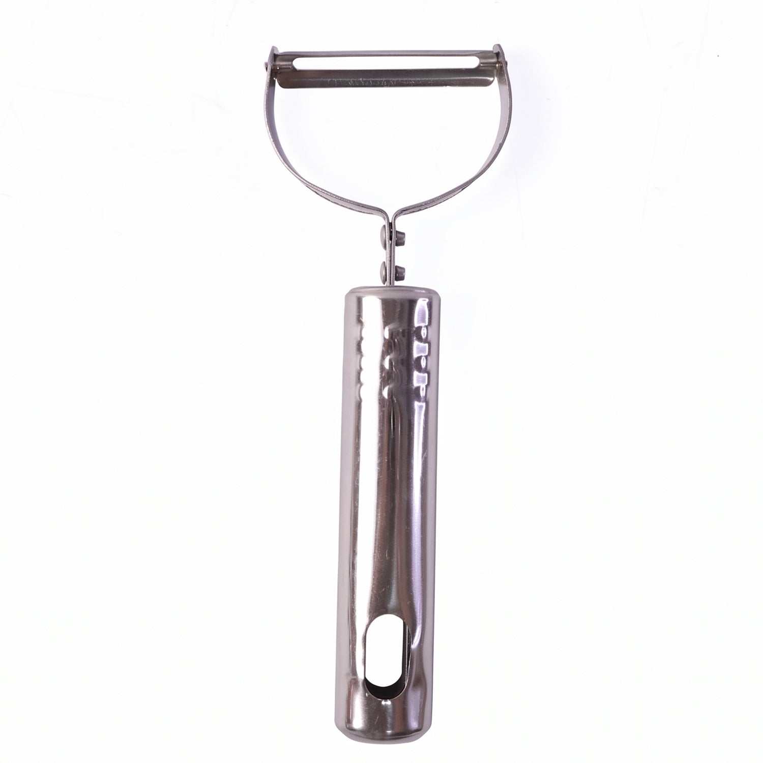 Stainless steel peeler on kitchen counter with peeled vegetables